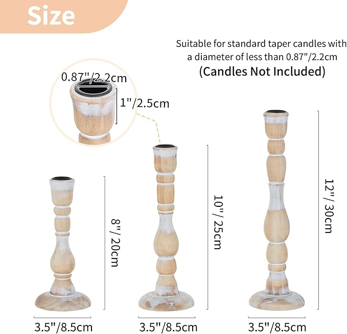NUPTIO Candlestick Holders Wood for Home: Set of 3 Tall Farmhouse Taper Candle Holders for Christmas Gift Mantel Decor