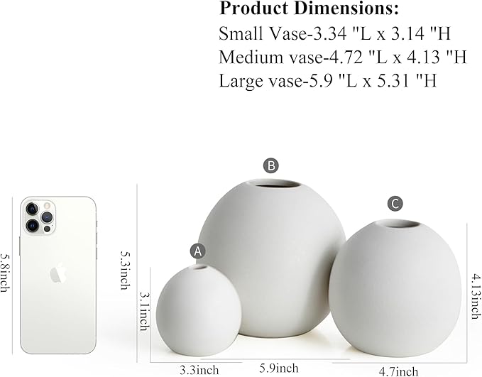 Ceramic Vase Set of 3 for Modern Home Decor, Boho Vase White Round Vase Minimalist Decorative Vase for Table Centerpiece Wedding Dining Living Room Office Entryway Coffee Table Decor