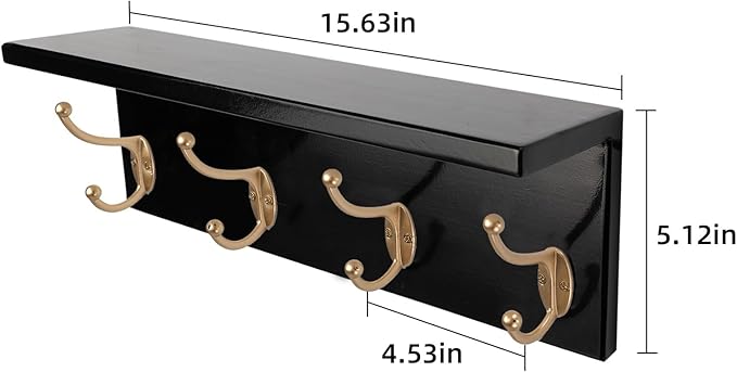 SANY DAYO HOME Wall Mounted Pine Wood Coat Rack with Shelf and 4 Heavy Duty Two-Prong Hooks for Entryway, Kitchen, Bathroom, Bedroom, Laundry (Black and Gold, 16 x 5 x 4 inches)