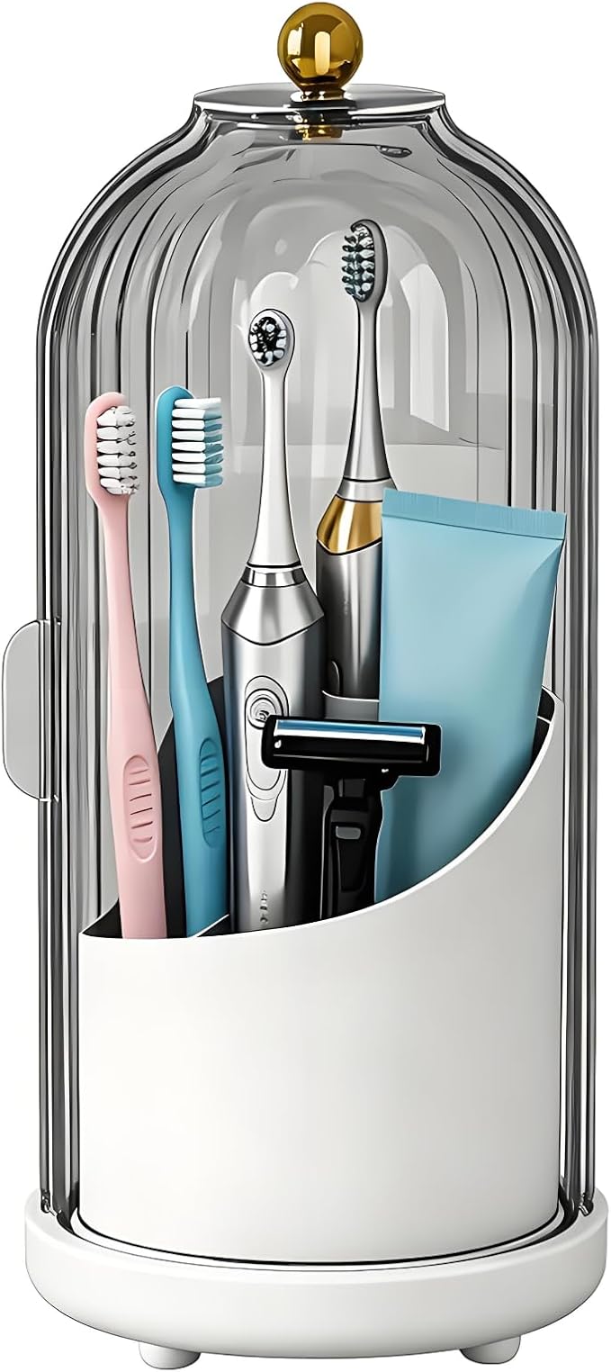 JEESA Dustproof Toothbrush Holder Organizer with Drainage, Grey | Sliding Door Cover, 360 Rotating, 3 Slots, Bathroom Countertop