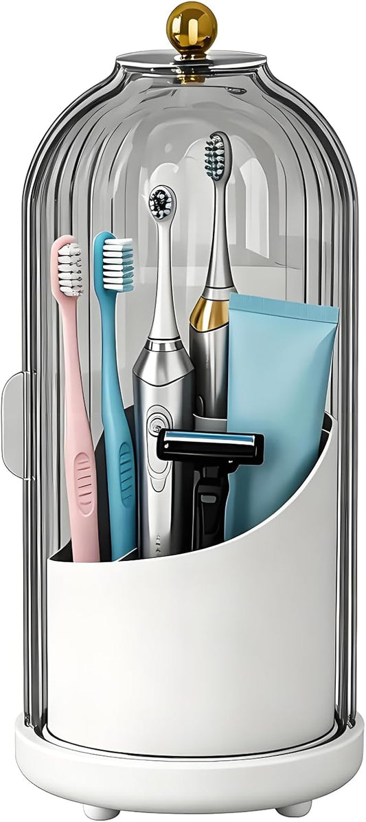 JEESA Dustproof Toothbrush Holder Organizer with Drainage, Grey | Sliding Door Cover, 360 Rotating, 3 Slots, Bathroom Countertop