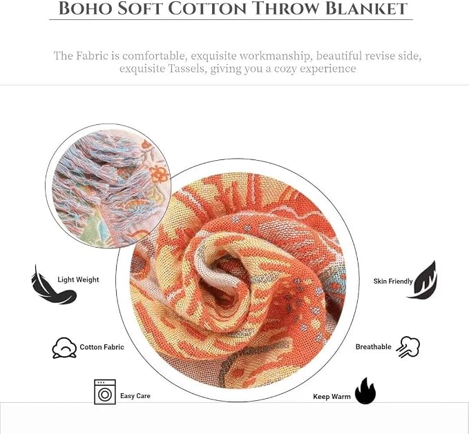Boho Throw Blanket for Bed 100% Cotton Bohemian Blankets Ultra Soft Woven Muslin Decorative Blankets All Seasons Vintage Quilt Knitted Blanket for Sofa Chair(Orange, 50"x60")