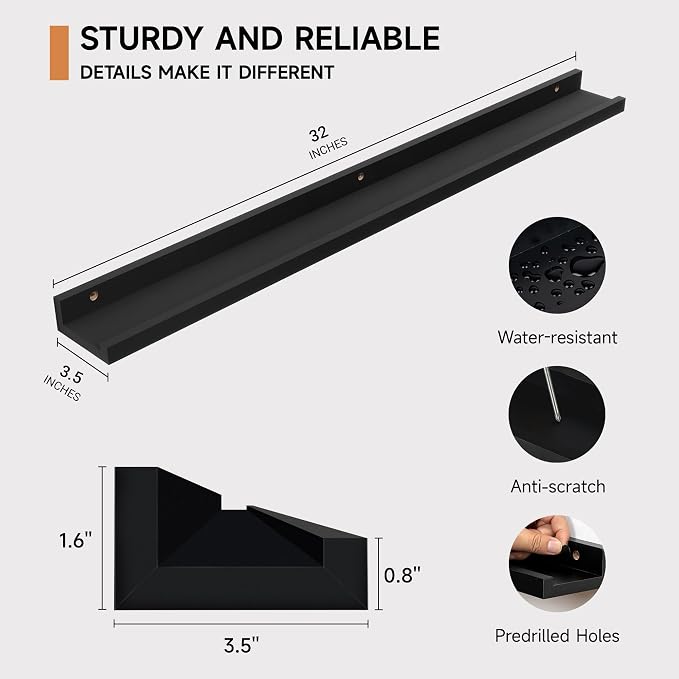 Fun Memories Picture Ledge Shelf, 32 Inch Floating Shelves Set of 2, Large Nursery Book Shelves for Toys Storage, Kids Bookshelf Wall Mounted for Wall Decor Books Photo Frames, Black