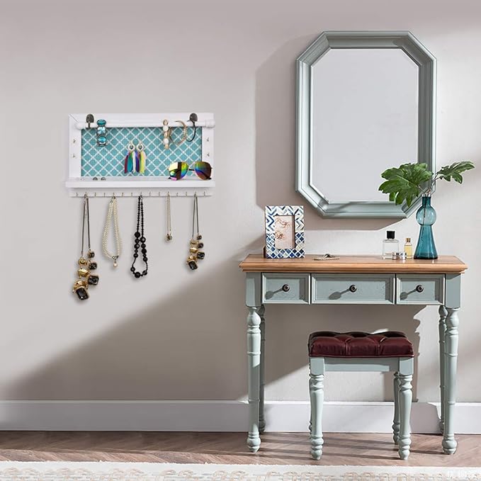 Rustic Jewelry Organizer Wall Mounted Jewelry Holder, Wood Earring Holder Display With Shelf And Hooks, Removable Rod For Bracelet Necklace Ring Bracelet - White