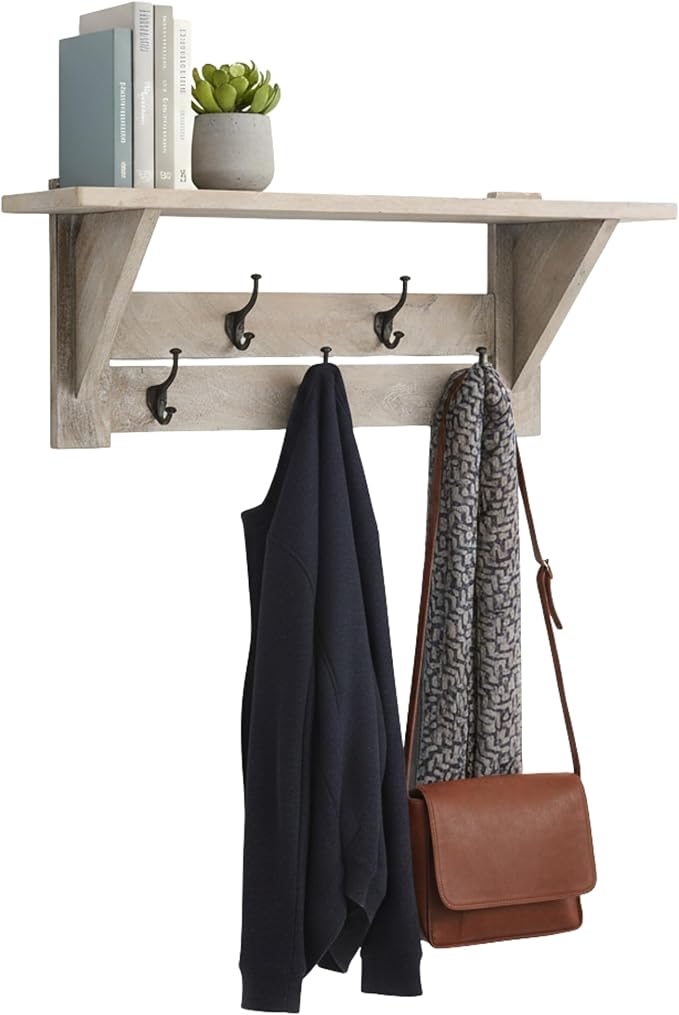 Alaterre Furniture Bethel Wall-Mounted Coat Rack with Shelf – Modern Farmhouse 40-Inch Solid Wood Entryway Organizer with 5 Black Metal Double Hooks & Upper Storage Shelf (Driftwood Finish)