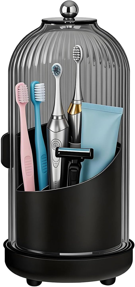 JEESA Dustproof Toothbrush Holder Organizer with Drainage, Black | Sliding Door Cover, 360 Rotating, 3 Slots, Bathroom Countertop