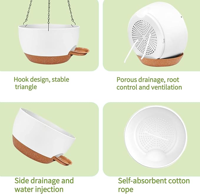 12 Inch Self Watering Hanging Planters 2 Pack, Indoor Outdoor Hanging Pots for Plants with Drainage Holes & Saucers, White Brown Plastic Hanging Baskets for Kitchen Balcony Garden
