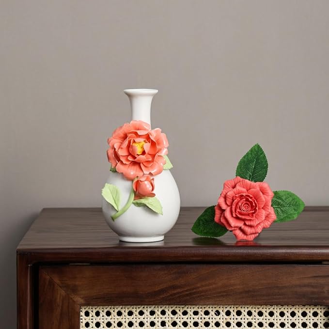 Ceramic Flower Vase Home Decor,Handmade Flowers Ceramic Aesthetic Flower for Home,Living Room,Dining Table,Farmhouse,Office Decor,Bedroom,Table and Kitchen Shelf (Orange, Style A)