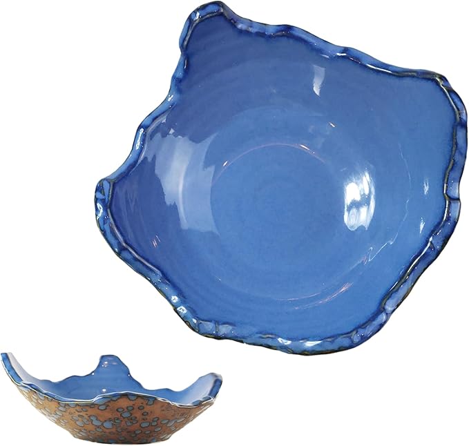 8" Small Ceramic Decorative Bowl，Irregular Rim Reactive Glaze Key Bowls for Entryway Table，Blue Coffee Table Bowl Decor，Modern Fruit bowls for Tabletop or Home Decor