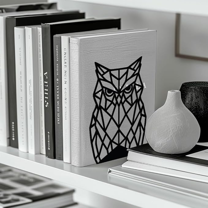 Peacoblue Metal Bookends for Shelves, Modern Decorative Heavy Duty Study Book Support Stoppers for Office, Desk, Shelf, Room 5.3"x4.3"x7.1" Cast Iron Simple Tall Bookends, 1 Pair (Geometric Owl)