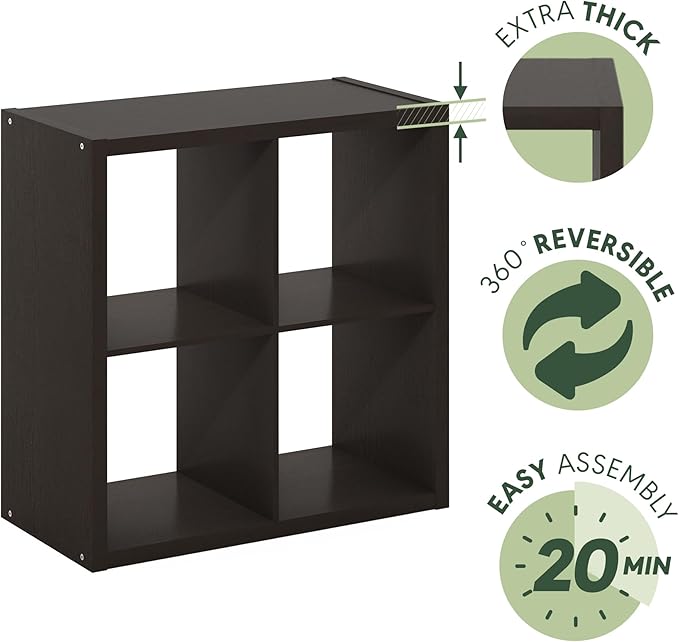Furinno CUBICLE Book Shelf, 4-Cube Bookshelf, Extra Thick Frame Reversible Bookcase with Open Back, 14.6" x 30" x 30", for Living Room, Bedroom, Home Office, Black Dark Oak