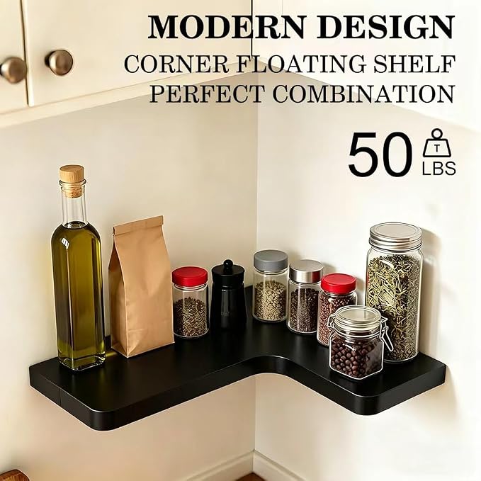 Floating Corner Shelves, Wall Shelf Set of 3, Shelves for Wall Storage, Solid Wood Shelves for Storage, Wall Mount Wooden Display Shelf for Bathroom Bedroom Kitchen Garage (Black 3 Pcs)