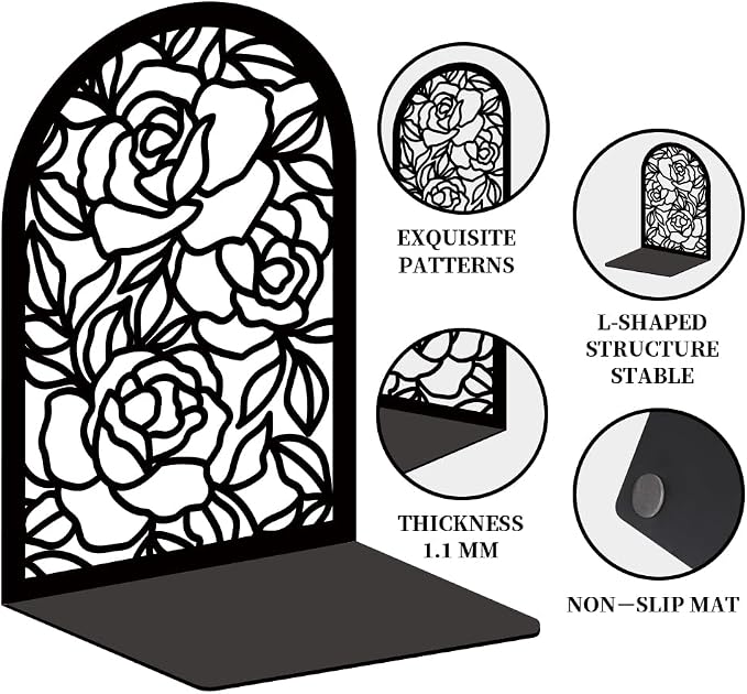 Book Ends Black Metal Bookends for Shelves Decor Rose Heavy Duty Bookends for Book Supports Unique Book Stopper for Office Book Holder Shelf Accessories 7x4.7x3.5 inch 1 Pairs/2 Pcs