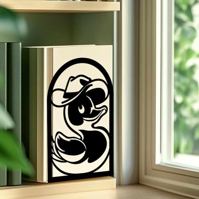 INFUNLY 1 Pair Metal Book Ends for Shelves Cartoon Duck Heavy Duty Bookshelf Holder Stand Black Book Stopper Support for Desktop 7.1x4.7x3.5 for Home Office Library School Kitchen Decor