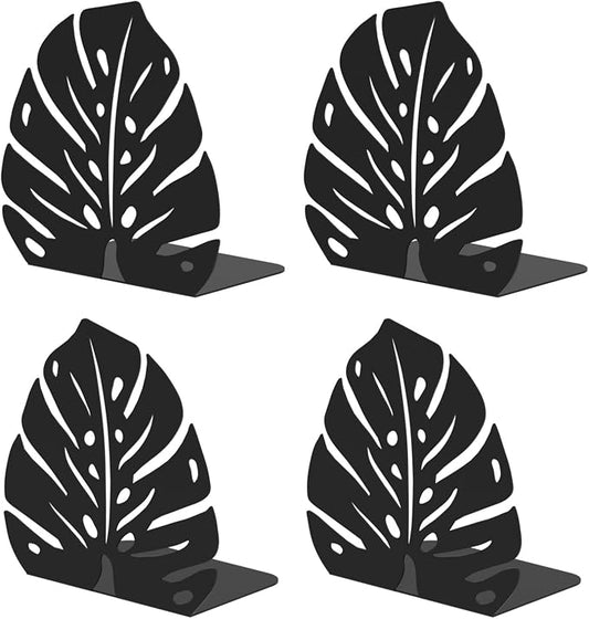 Decorative Bookends for Shelves, Sturdy Metal Book Ends for Heavy Books, Cute Monstera Design Non-Skid Book Stopper (2 Pairs, Black)