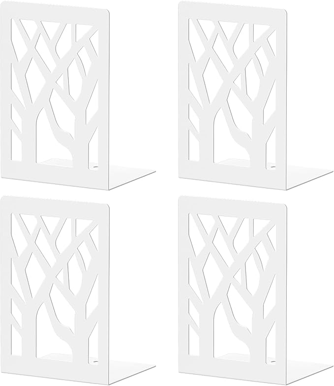 VFINE Withe Bookend 4-Piece, Tree Design Bookends for Shelves, Metal Book Ends for Desk, Decoration Stylish Bookshelf Bookends for Home Office School Supplies