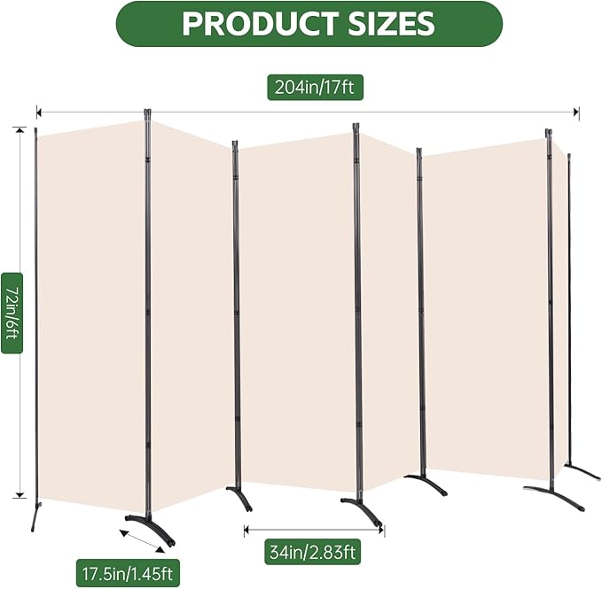 YASRKML Room Divider Folding Privacy Screens, Portable Room Divider Panel 6 Panel Partition Room Dividers Screen, Freestanding Room Partitions and Dividers Fabric Dividers for Room Separation, Beige