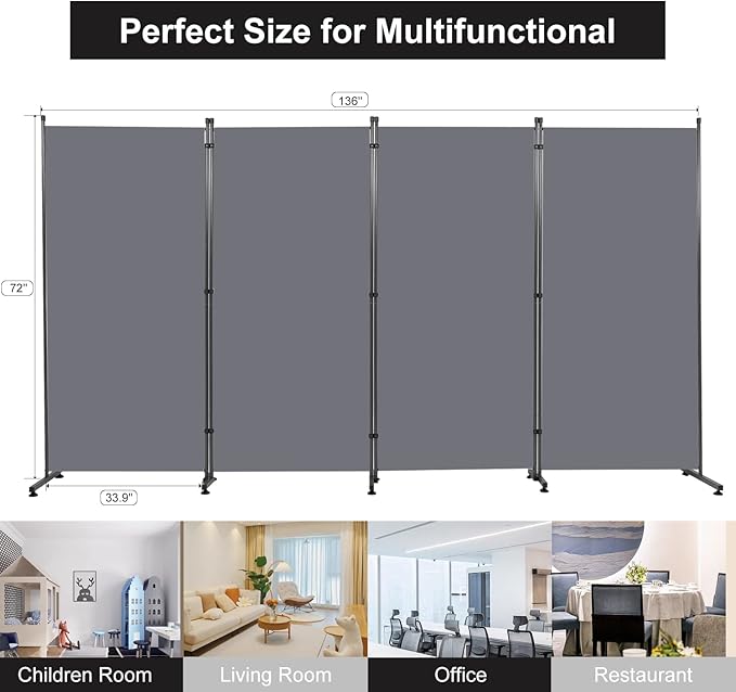 Room Divider 6FT Folding Privacy Screens, 4 Panel Partition Room Dividers w/Freestanding Design, Portable Wall Divider for Room Separtation, Fabric Screen Panel for Home Office Bedroom Dorm
