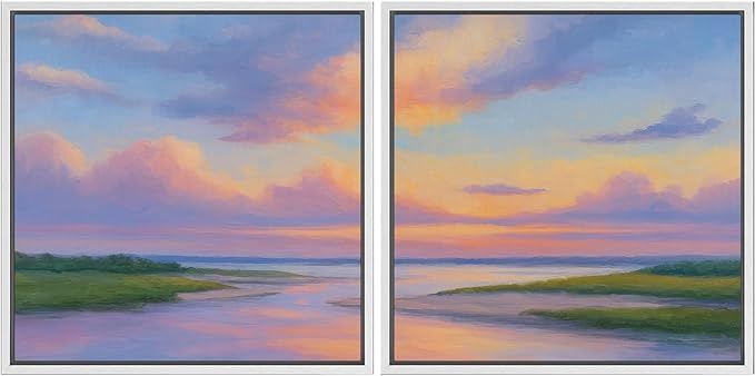 SIGNFORD Framed Canvas Print Wall Art Set Pastel Sunset Coastal Landscape Soft Color Horizon Modern Art Relax/Calm for Living Room, Bedroom, Office - 24"x24"x2 WHITE