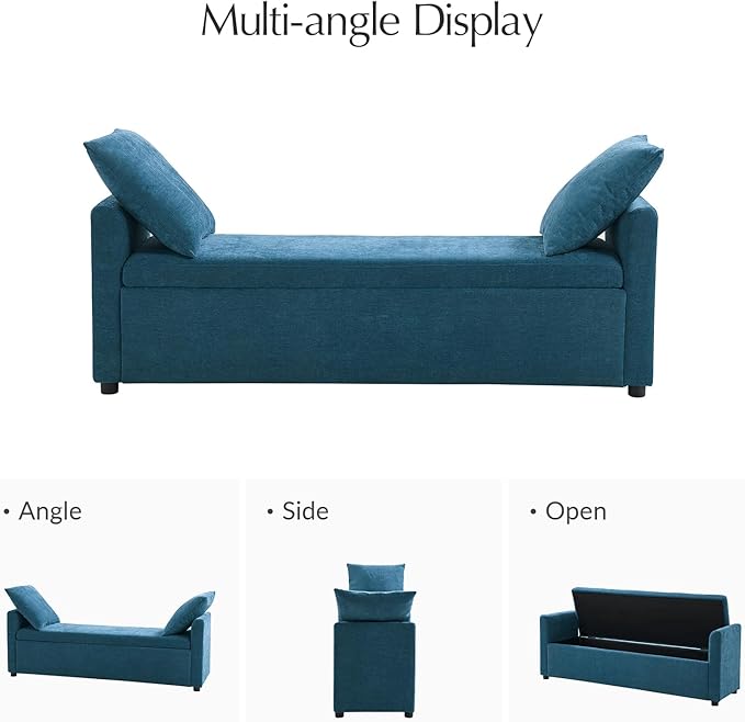 59.5" Modern Storage Ottoman Bedroom Bench, End of Bed Benches with Arms and Throw Pillows, Footrest Stool for Living, Dining Room, Entryway and Hallway, Teal
