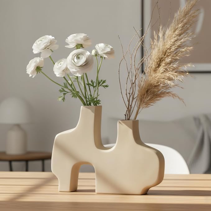 Torre & Tagus Abstract Duo Matte Beige Ceramic Vase for Flowers - 9 Inch Tall Vase for Table Centerpiece Minimalist Shelf Decor (11.5" W x 9" H Beige)