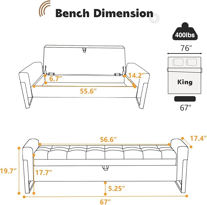 67" End of Bed Storage Bench King Size, Bench for Bedroom Foot of Bed, Upholstered Storage Ottoman with Gold Legs for Window Living Room, Teddy Camel