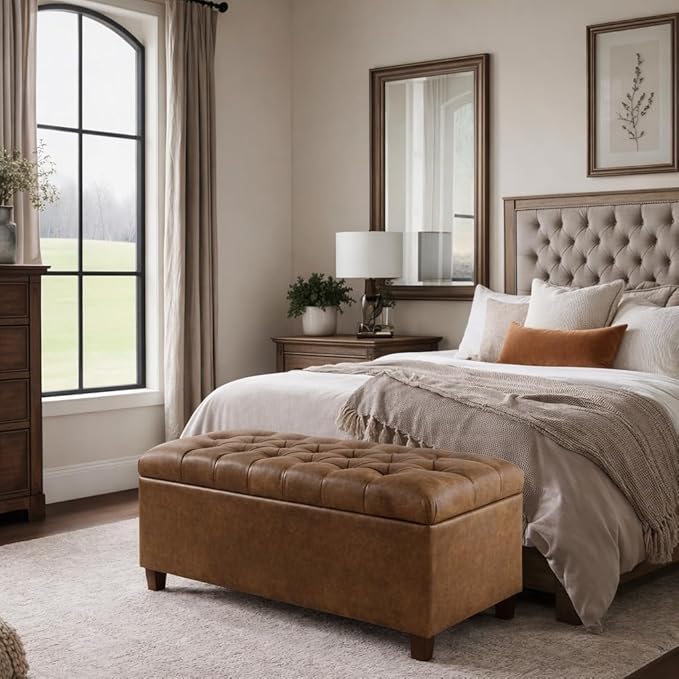 Homepop Home Decor | Button Tufted Storage Bench | Ottoman Bench with Storage for Living Room & Bedroom, Distressed Brown Faux Leather
