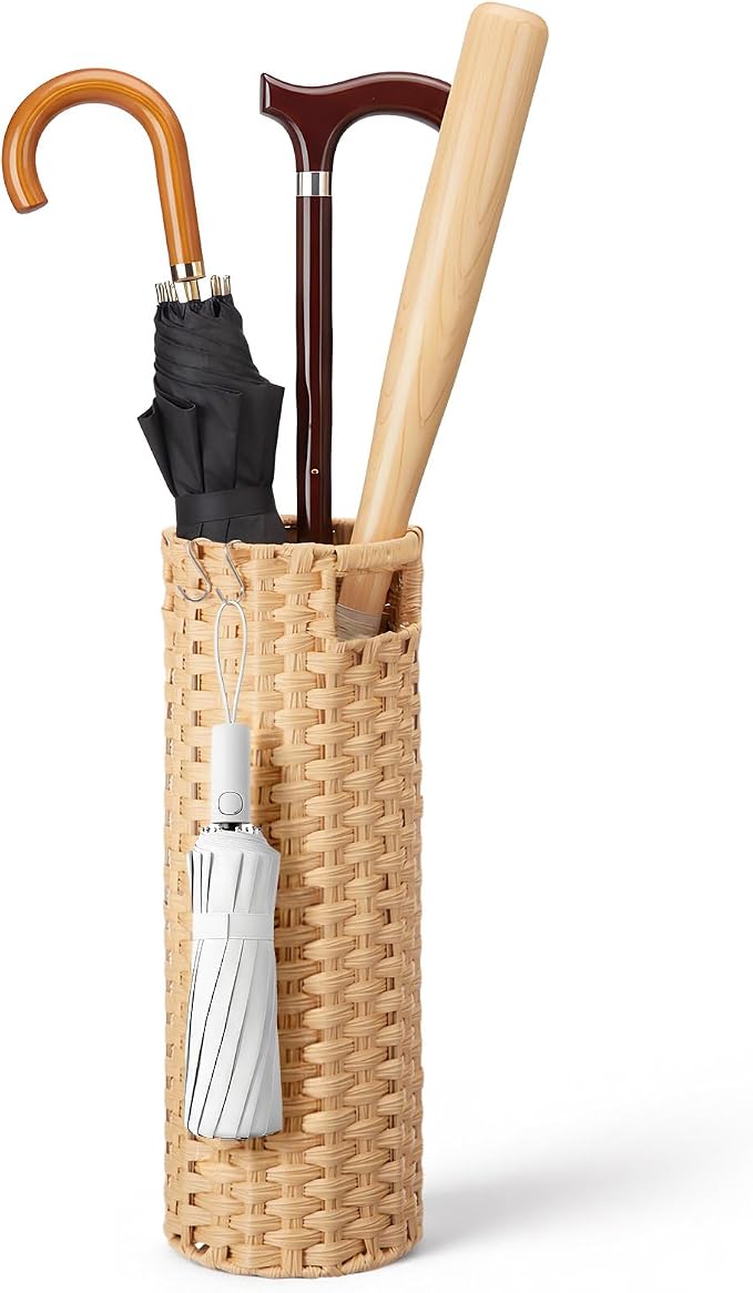 Lounsweer 20.8" H Extra Tall Rattan Umbrella Stand, Hand Woven Umbrella Rack Organizer Freestanding with Detachable Drip Tray and 2 Hooks, Bucket for Home, Entryway, Mud Room, Office, 7.5" L x 7.5" W