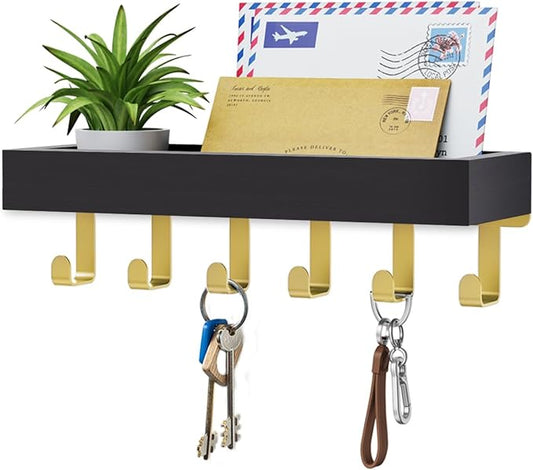 Key Holder Wall Mount Adhesive Magnetic - Hanging Key Hooks with Tray for Wallet House Accessories - Keys Hanger Rack with Shelf for Camper Entryway Door Home Living Room Decor Black Gold