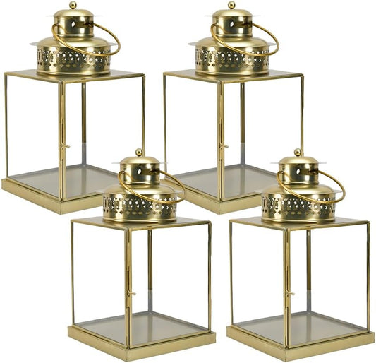Serene Spaces Living 12" Aurea Candle Lantern, Gold Square Metal Candle Holder - Table, Mantel Decor, Elegant Decorative Centerpiece for Home, Parties, Weddings, Holidays, Special Occasions, Pack of 4