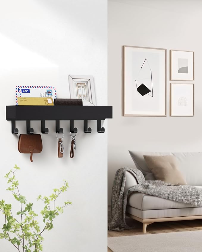 Key Holder Wall Mount Adhesive Magnetic - Hanging Key Hooks with Mail Organizer Tray for Wallet House - Keys Hanger Rack with Shelf for Camper Entryway Door Home Living Room Decor Large Black