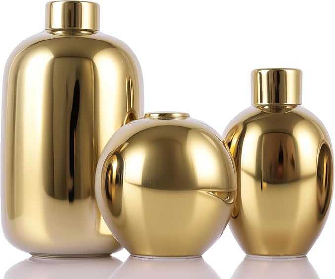 Gold Ceramic Vase Set of 3, Modern Round Circle Electroplated Two-Tone Decorative Vases for Pampas Grass, Dining Table Wedding Centerpiece, Living Room Bedroom Office Bookshelf