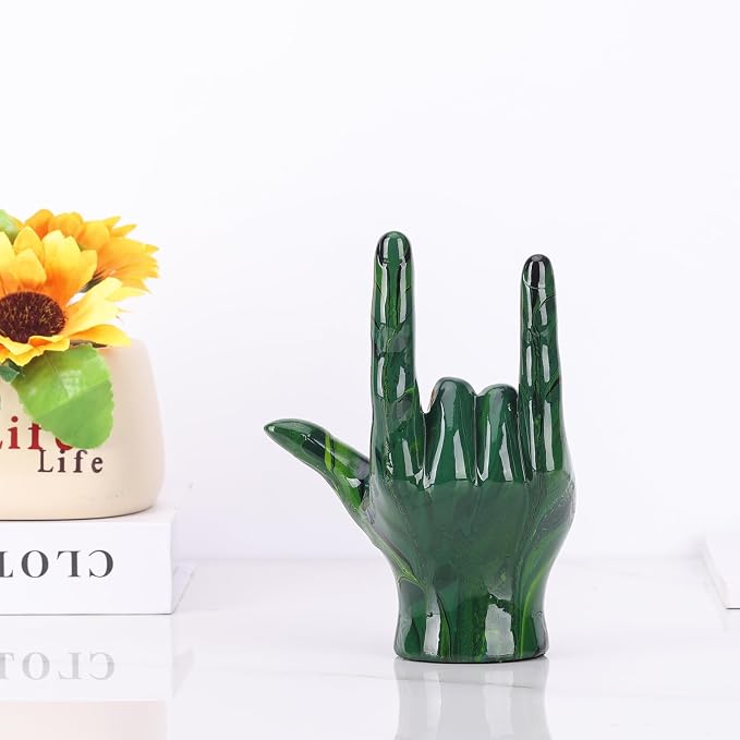 LCCCK Emerald Green Hand Gesture Decor Statue, Modern Home Decor Accent Peace Sign Decor and Loving Sign Language Decor, for Music Room, Countertop, Dining Table, Bookshelf, Aesthetic Decoration