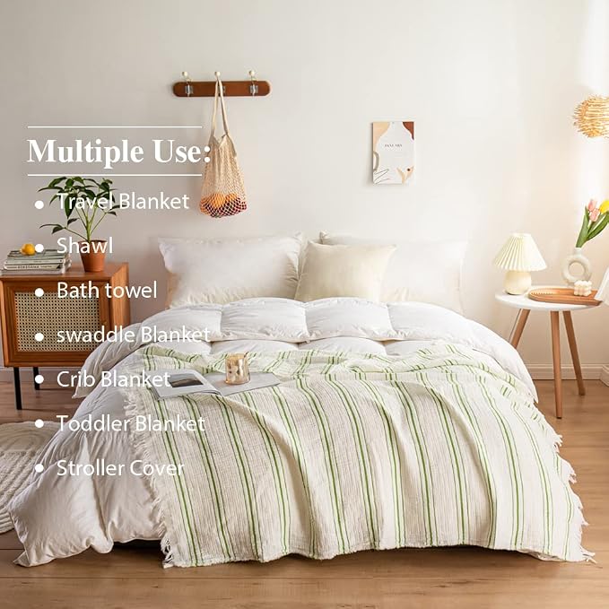 Simple&Opulence Yarn Dyed Striped Cotton Muslin Throw Blanket for Bed, Couch, Knit Woven Blanket with Tassels Soft Lightweight Cozy Pre-Washed Breathable Farmhouse Decoration for All-Season(Green)