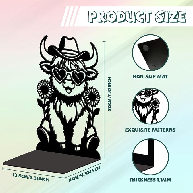 Peacoblue Metal Bookends for Shelves, Modern Decorative Heavy Duty Study Book Ends Stoppers for Office Desk Shelf, Room 5.3"x4.3"x7.9" Cast Iron Tall Bookends 1 Pair (Highland Cattle with Sunflowers)