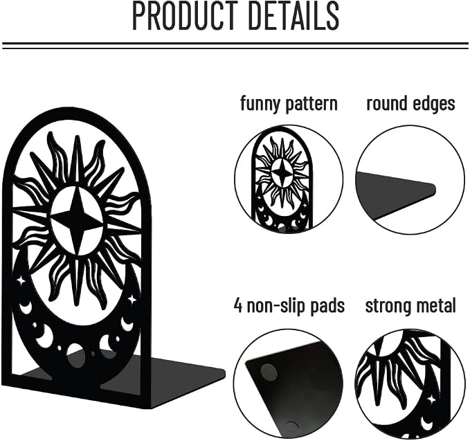 WADORN Moon Sun Metal Bookends for Shelves Decorative 1 Pair, Heavy Duty Books End Support Non-Skid Book Holders Black L-Shaped Book Stopper for Home Office Desk Books Divider, 4.7x3.5x7 Inch