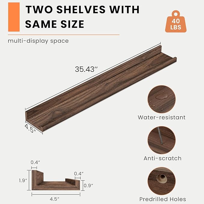 Heimlove Picture Ledge Shelf, Floating Shelves Set of 2, 36 Inches Picture Shelf for Wall with Ledge, Kids Bookshelf Wall Mounted for Living Room Bedroom Decor Books Photo Frames - Walnut
