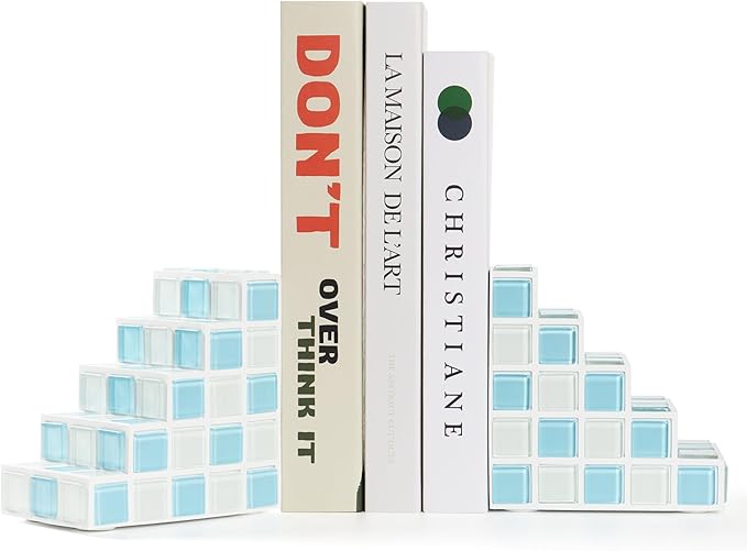 Decorative Bookends for Shelves - Stair Book Ends for Heavy Books - Unique Book Stopper & Holder for Shelves - Modern Home Decor Aesthetic Bookshelf Decor (Light Blue & White)