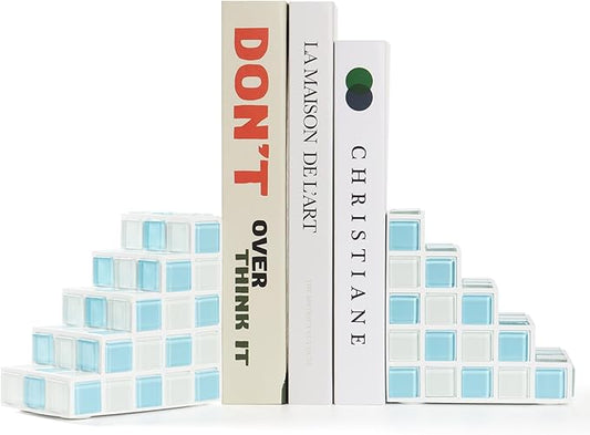 Decorative Bookends for Shelves - Stair Book Ends for Heavy Books - Unique Book Stopper & Holder for Shelves - Modern Home Decor Aesthetic Bookshelf Decor (Light Blue & White)