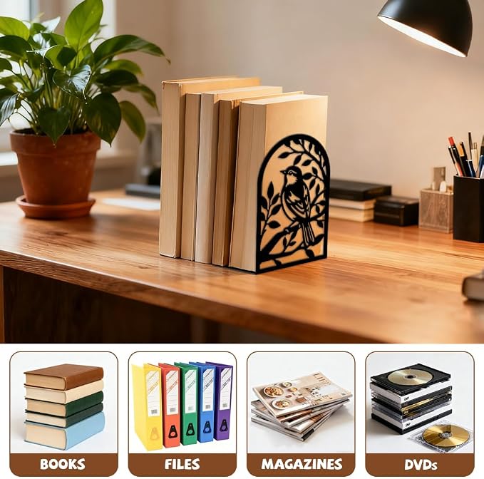 Peacoblue Metal Bookends for Shelves, Modern Decorative Heavy Duty Study Book Ends Stoppers for Office, Desk, Shelf, Room 5.3"x4.3"x7.9" Cast Iron Simple Tall Bookends 1 Pair (Sparrow on Branches)
