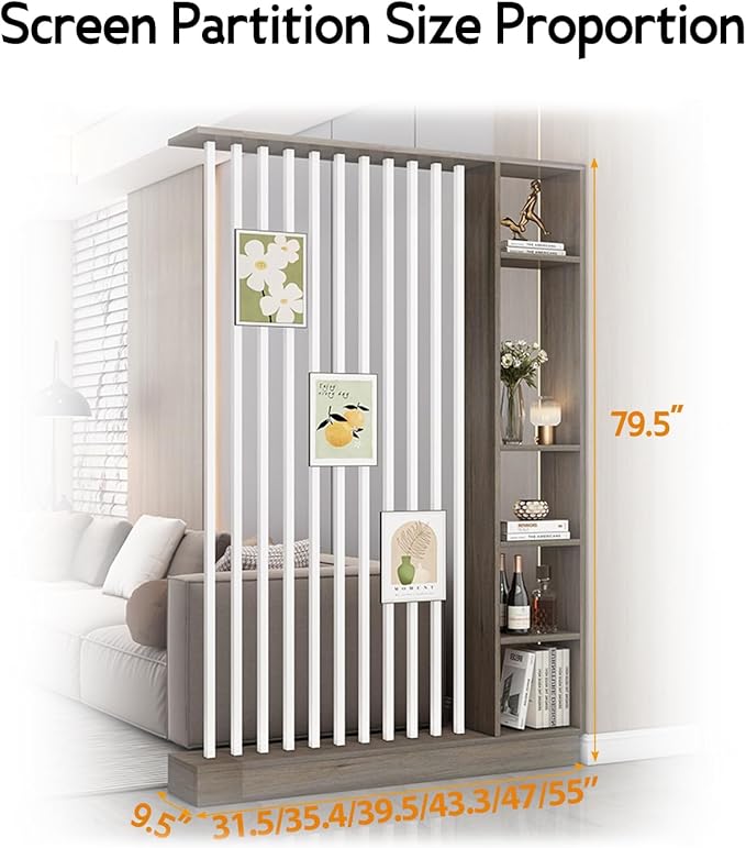 Wall Room Divider, Storage Cabinet Storage Display with Shelves, Modern Freestanding Wood Room Divider Screen, Wall Privacy Screens for Home Decorative (Grey Oak+White,55" L x 9.5" W x 79.5" H)