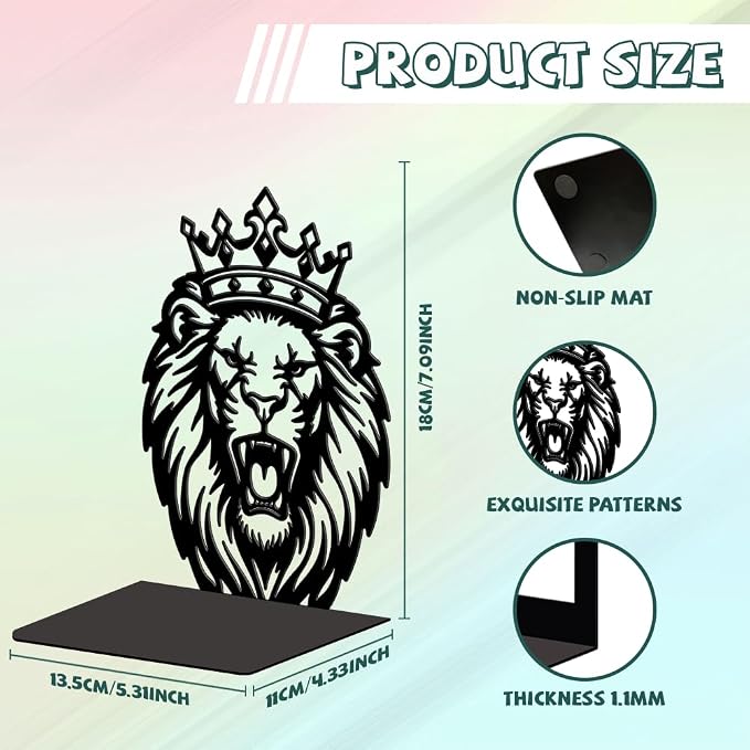Peacoblue Metal Bookends for Shelves, Modern Decorative Heavy Duty Study Book Ends Stoppers for Office Desk Shelf, Room 5.3"x4.3"x7.1" Cast Iron Tall Bookends 1 Pair (Lion with Crown)
