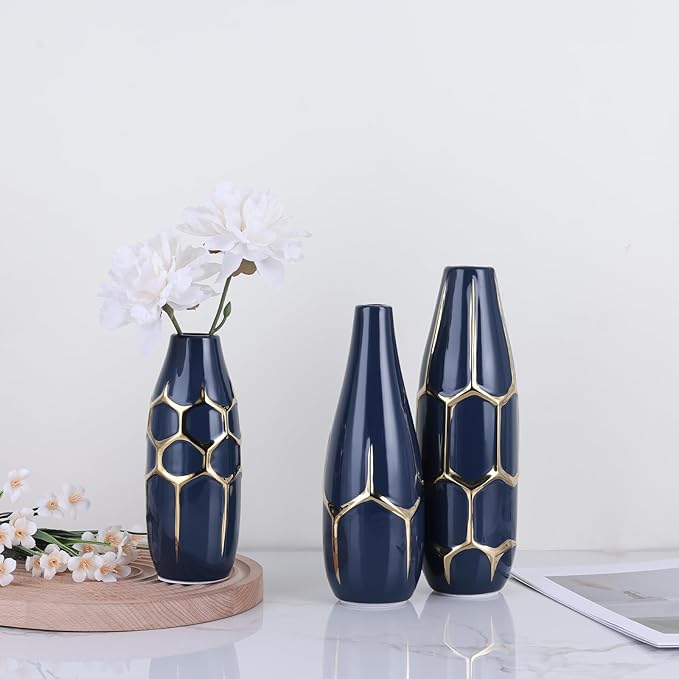 Blue and Gold Ceramic Vase Set of 3, Geometric Decorative Ellipse Vases for Living Room Shelf, Mantel, Table Centerpieces, Bathroom Countertop, Modern Rustic Farmhouse Home Decor (Blue)