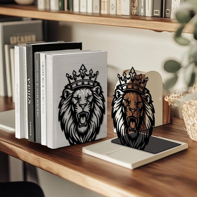 Peacoblue Metal Bookends for Shelves, Modern Decorative Heavy Duty Study Book Ends Stoppers for Office Desk Shelf, Room 5.3"x4.3"x7.1" Cast Iron Tall Bookends 1 Pair (Lion with Crown)