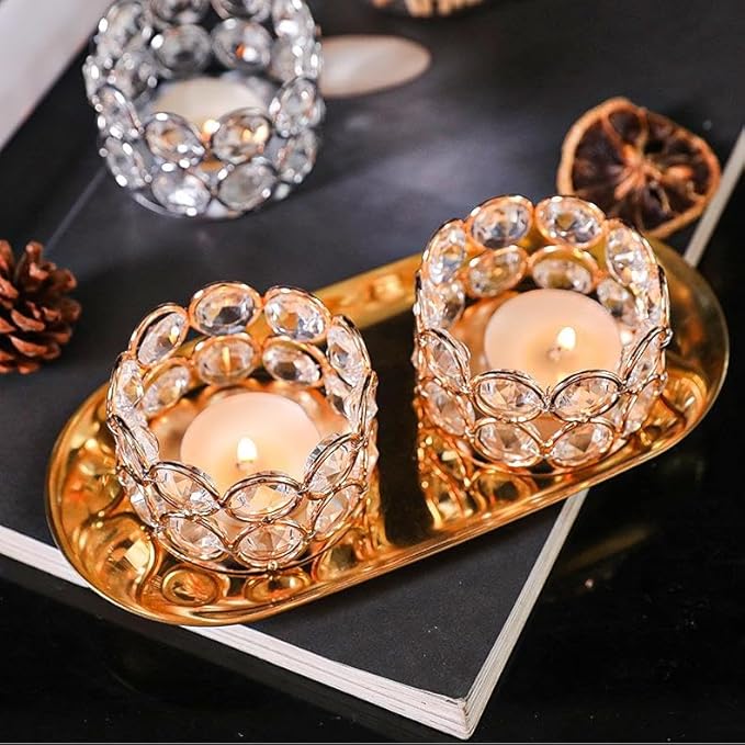Crystal Tea Light Candle Holders，Gold Candlestick Holders for Wedding Party Table Decoration Housewarming Gift（2pcs）