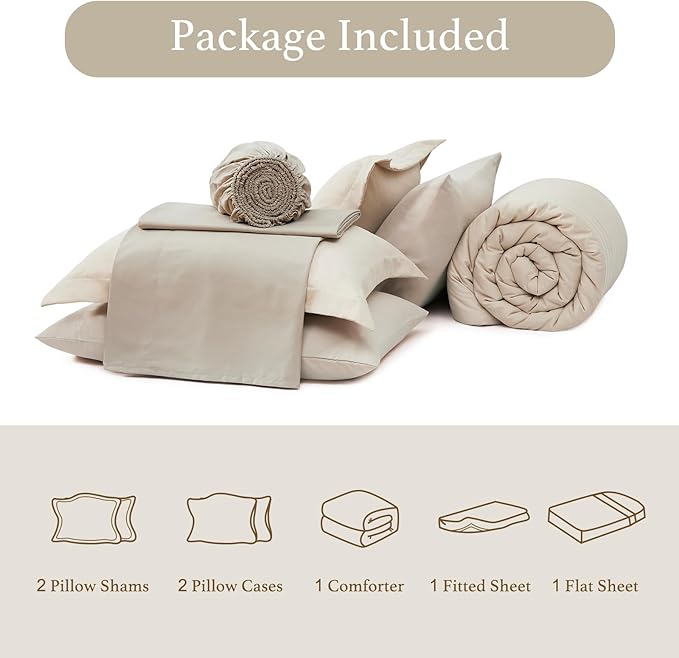 Monbix Oversized King Size Comforter Set - 7 Pieces Apricot Beige Bed in a Bag Oversized King Bedding Sets with Comforters, All Seasons Comforter Bed Set with Sheets, Pillowcases & Shams