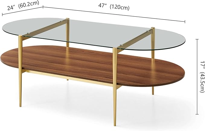 LumFurn X-Large Oval Glass Coffee Table, Mid-Century Modern Design, L47 x W24 x H17 inch, for Living Room, Clear Glass Top and Walnut Finish Wood Shelf, Conical Legs with Gold Finish Frame