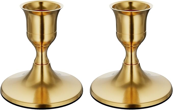 zeochyni Brass Gold Taper Candle Holders Set of 2, Vintage Metal Candlestick Holders for Dinner Room Table Centerpiece or Mantel Wedding Party Decor