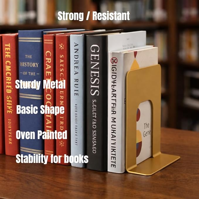 Alessk Dark Matte Gold Metal Bookends for Shelves – Heavy Duty Decorative Bookends for Heavy Books – Modern Book Ends for Office Bookshelf- has 3 Non-Slip Pads at the Bottom – 2Pairs (4 Pieces)