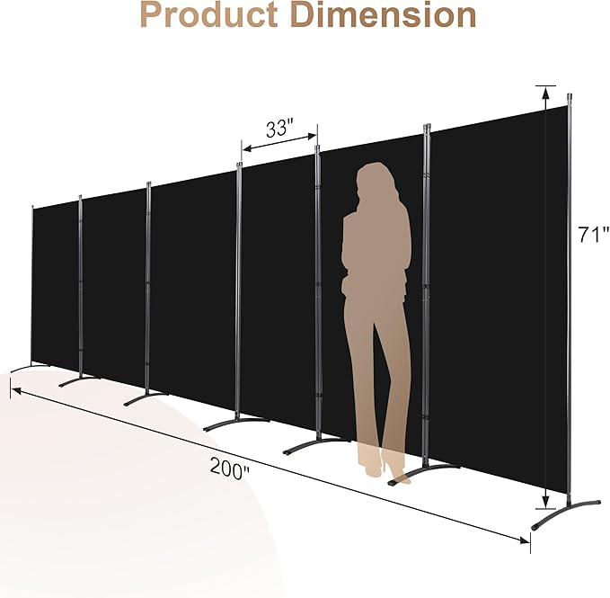 Room Divider-Folding Privacy Screens, 6 ft Partition Room Dividers Wall for Separation, Home, Office, Classroom, Studio (Black, 6 Panel)